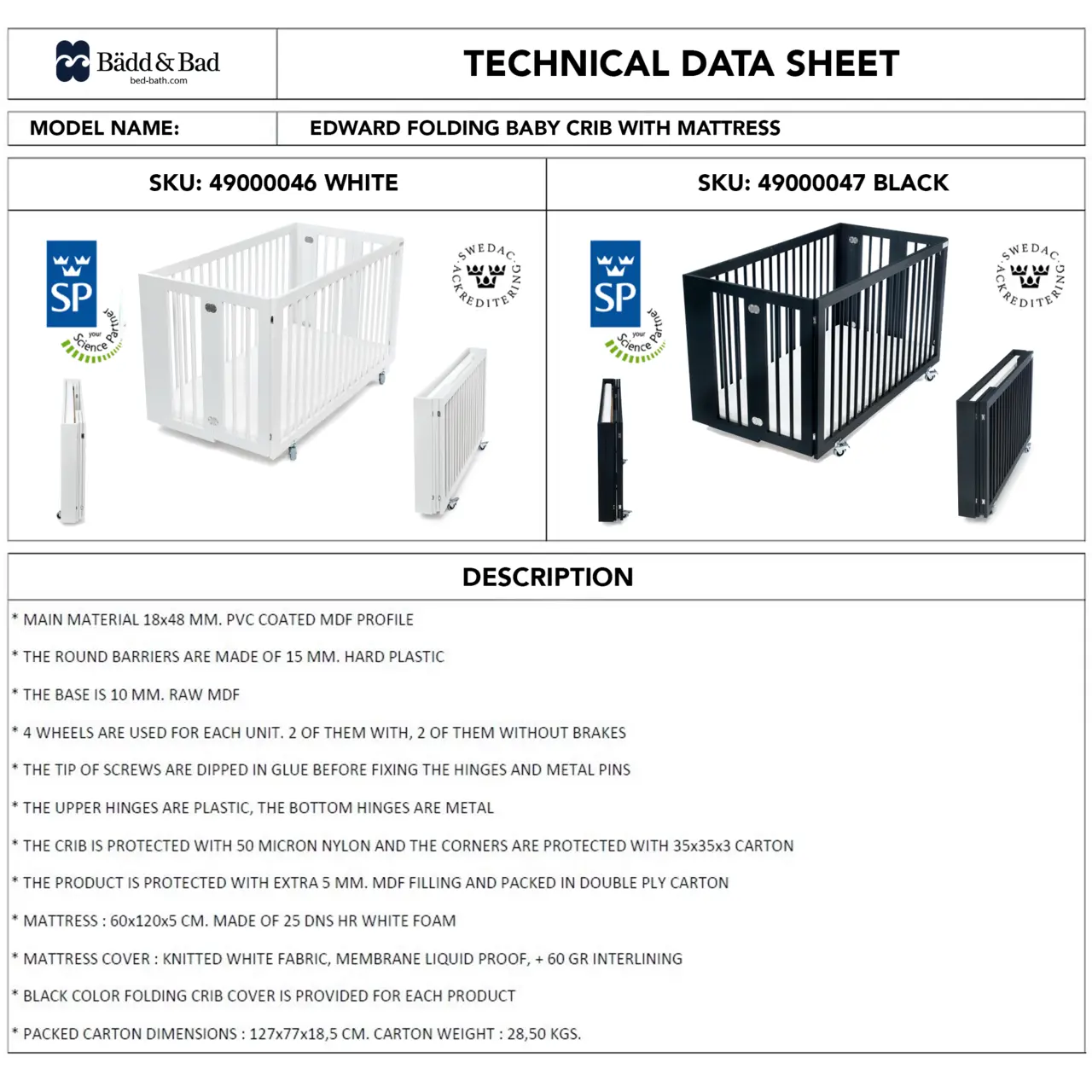 Crib Edward, EU certified through SP, White